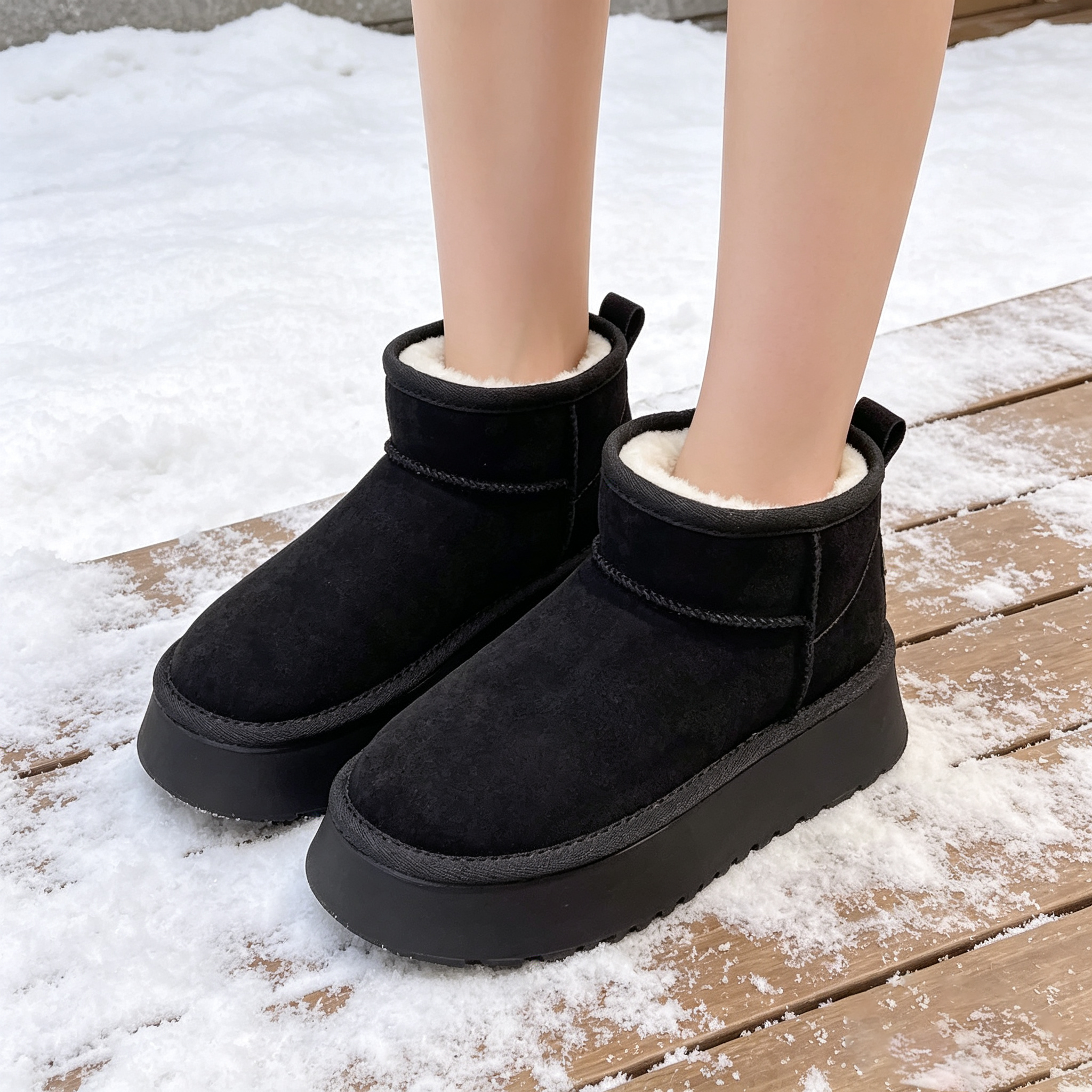 Black faux-fur-lined platform snow boots on snow