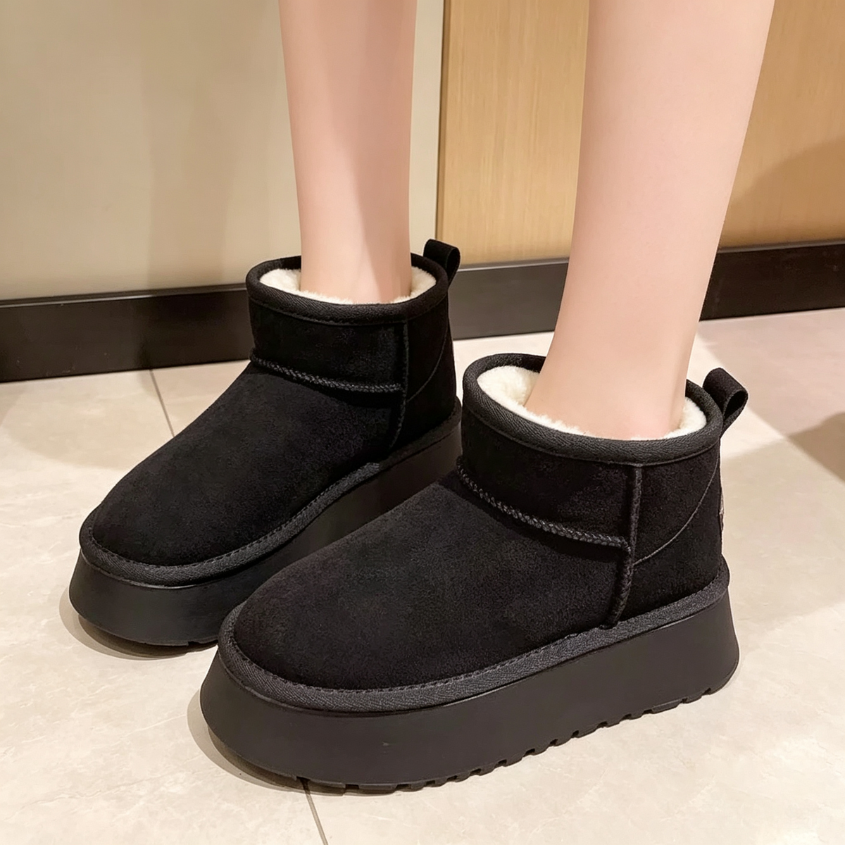 Black faux-fur-lined platform snow boots lifestyle view