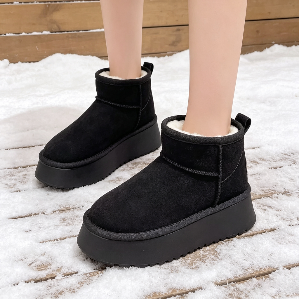 Black faux-fur-lined platform snow boots on snow