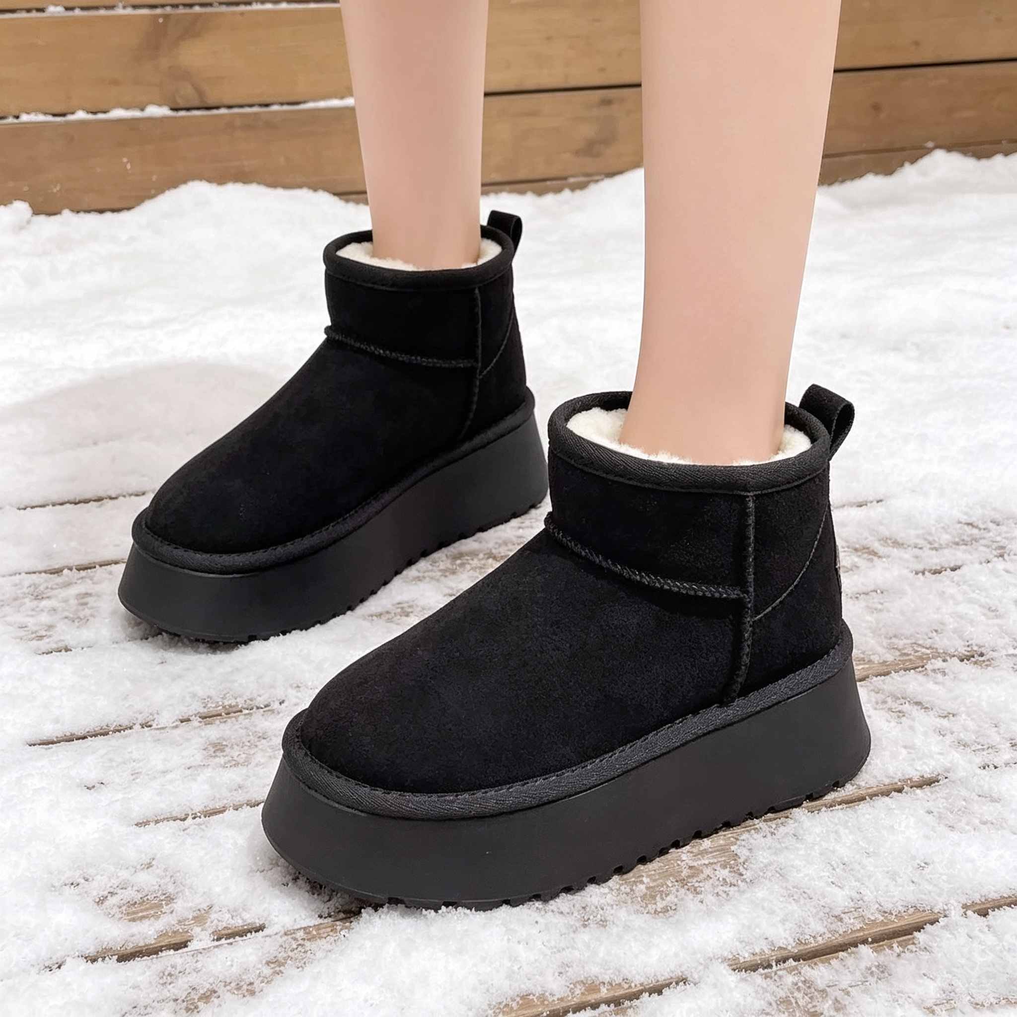 Black faux-fur-lined platform snow boots on snow
