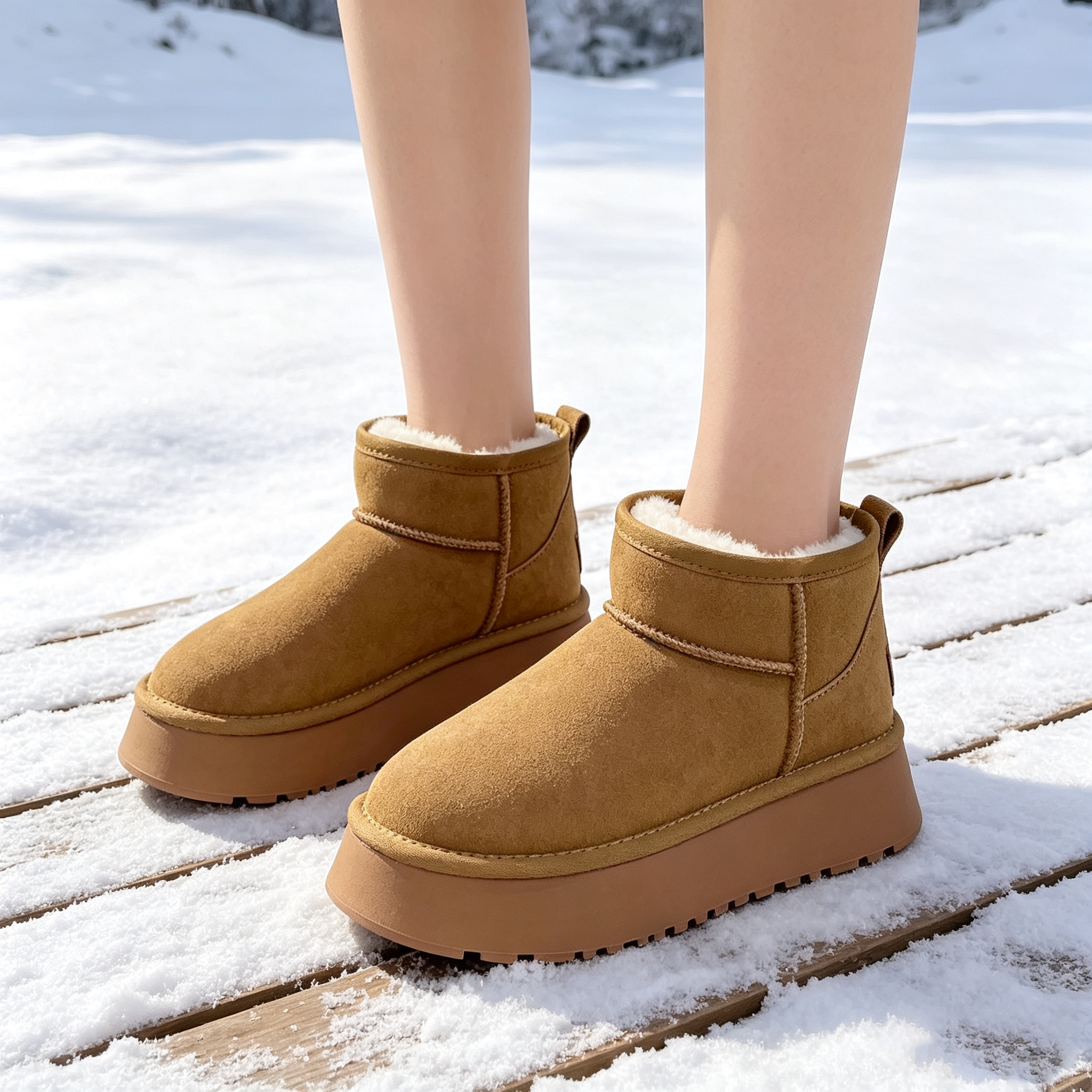 Chestnut faux-fur-lined platform snow boots on snow
