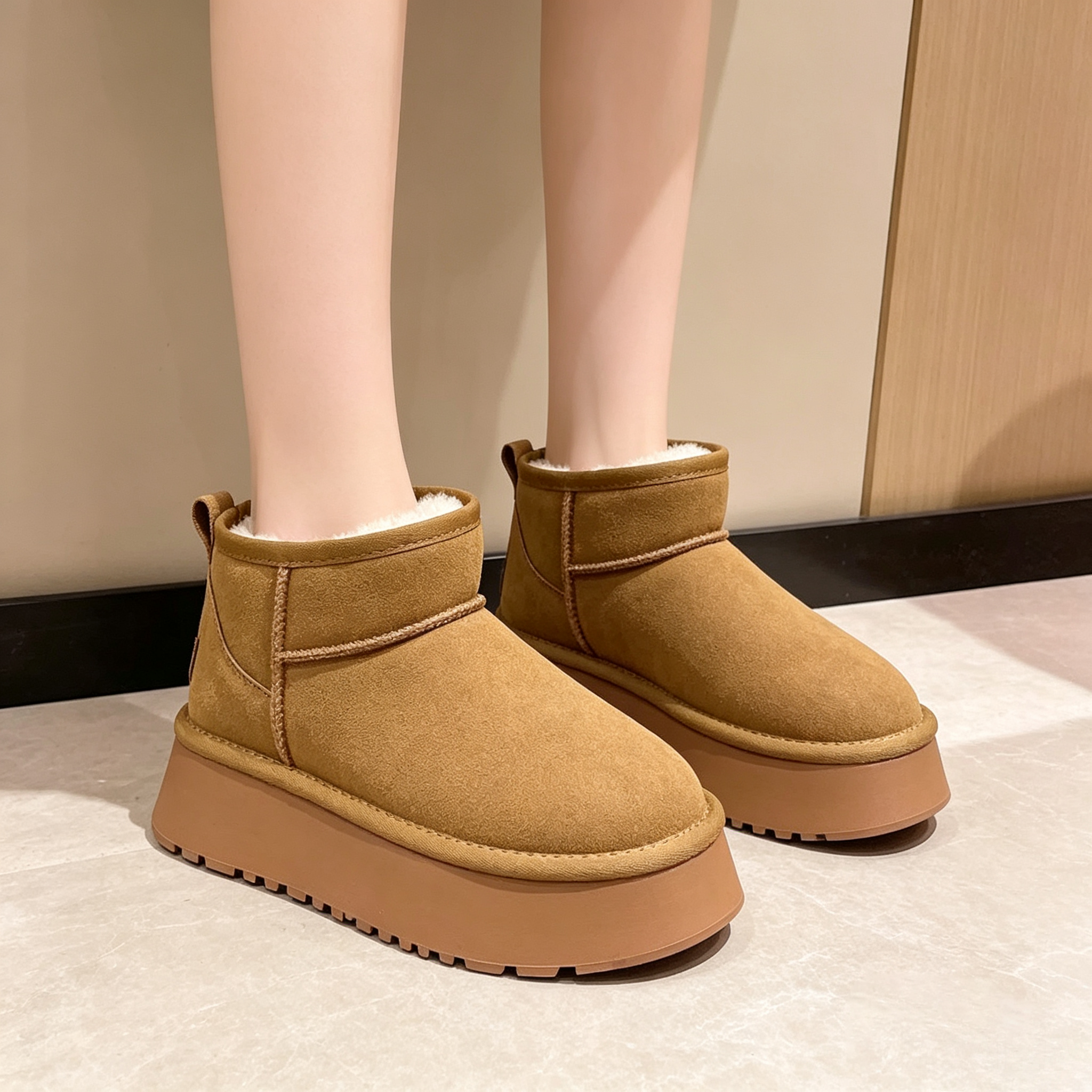 Chestnut faux-fur-lined platform snow boots lifestyle view