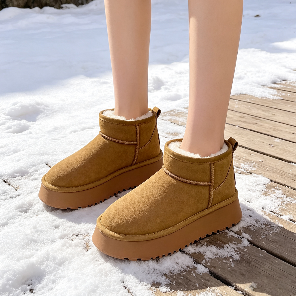 Chestnut faux-fur-lined platform snow boots on snow