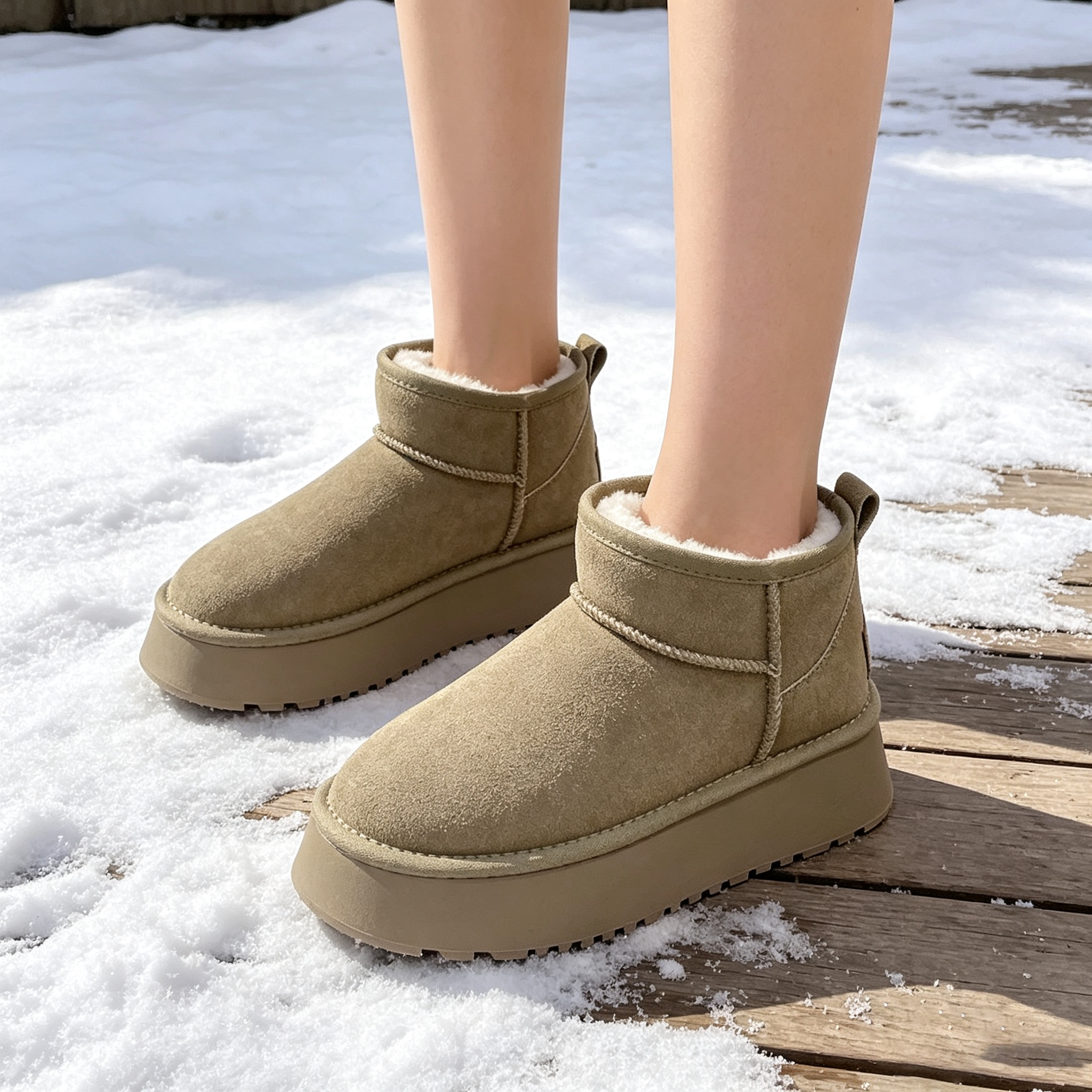 Khaki faux-fur-lined platform snow boots on snow