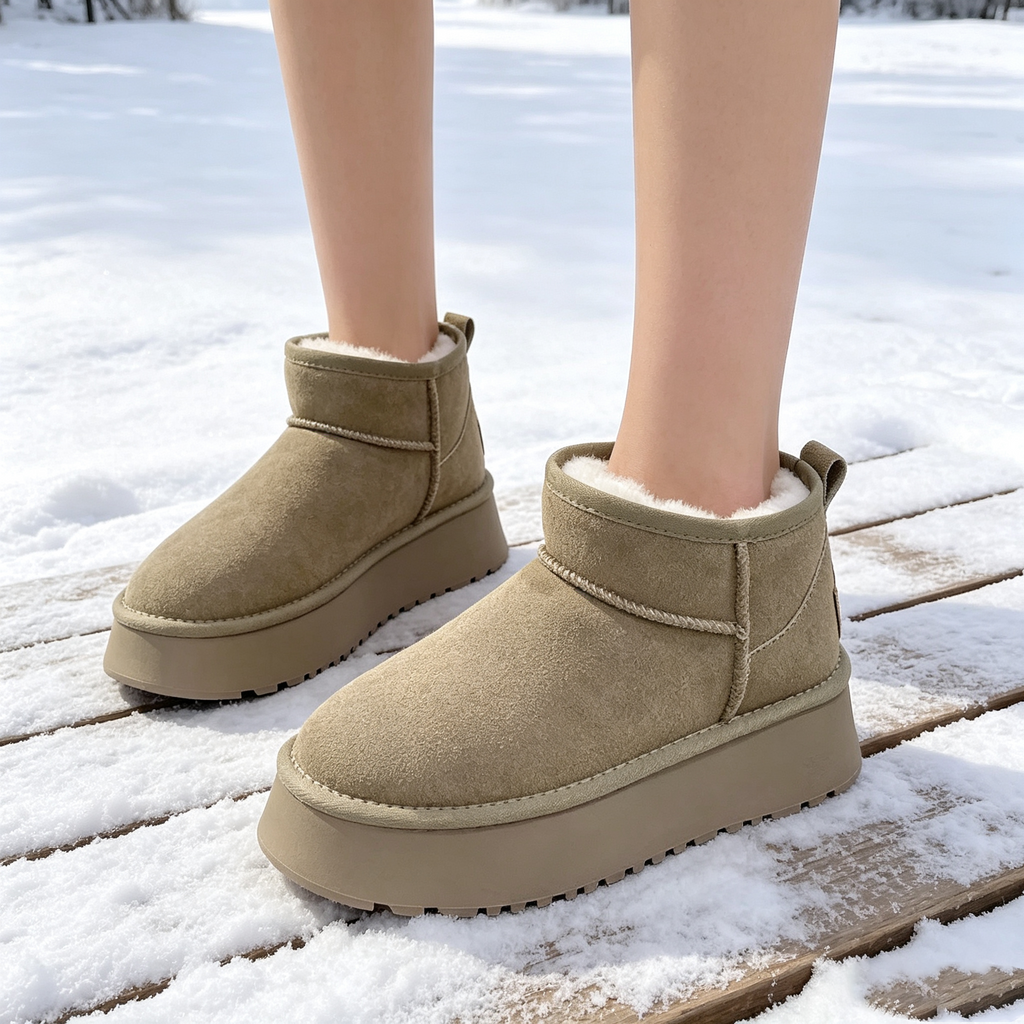 Khaki faux-fur-lined platform snow boots on snow