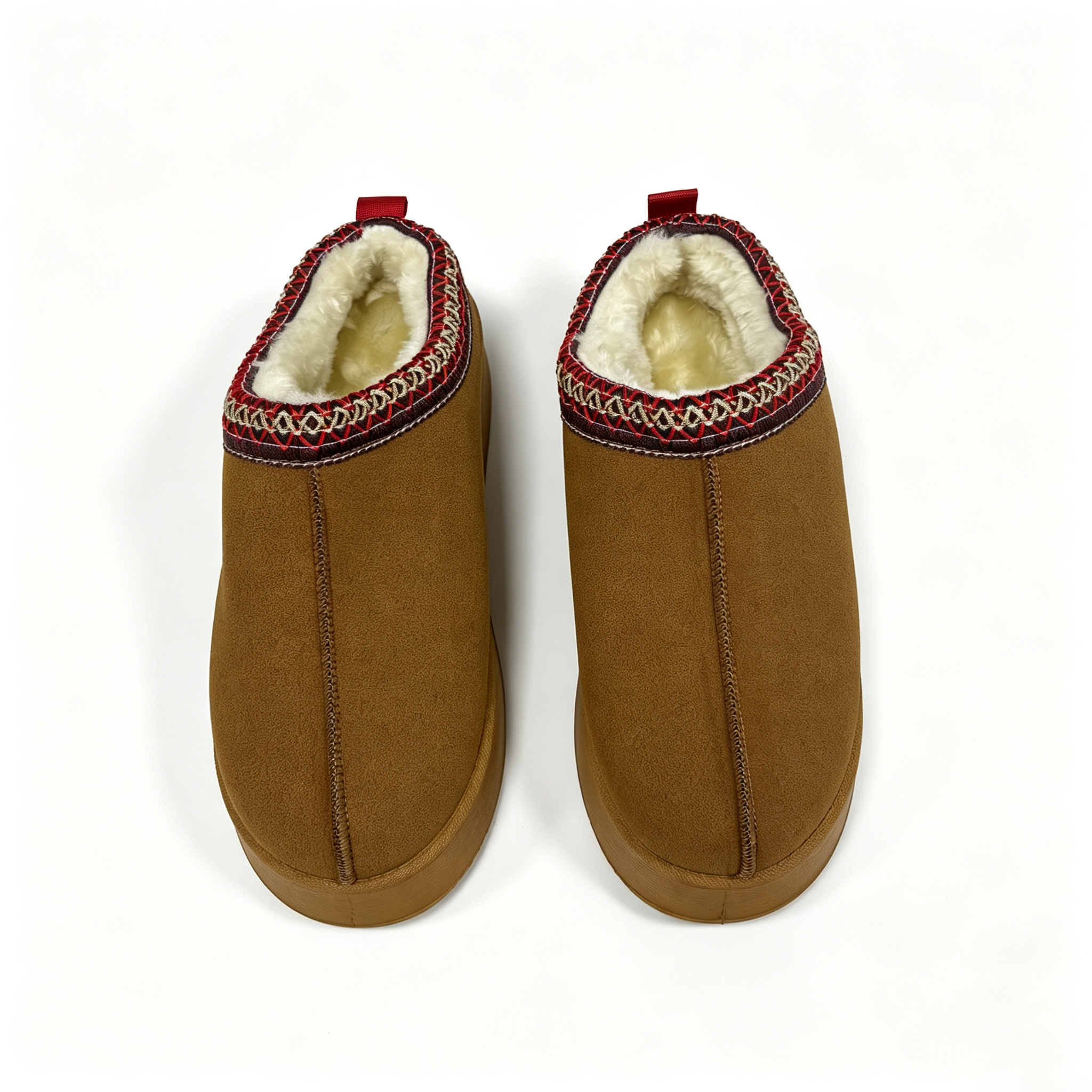 Hazel brown fleece-lined platform clogs, top view
