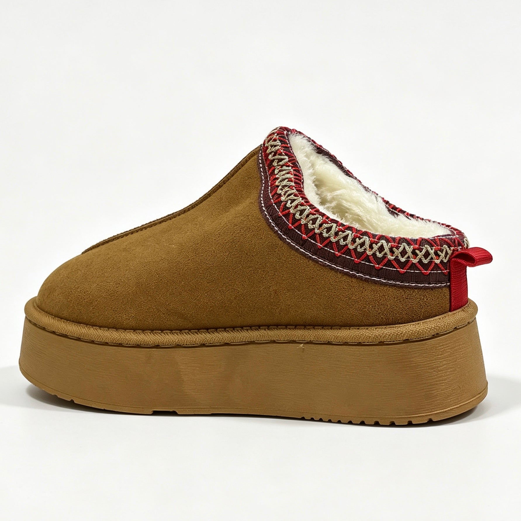 Hazel brown fleece-lined platform clog, side view