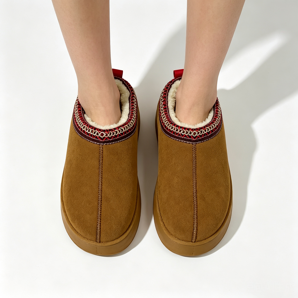 Hazel brown fleece-lined platform clogs, on-foot top view