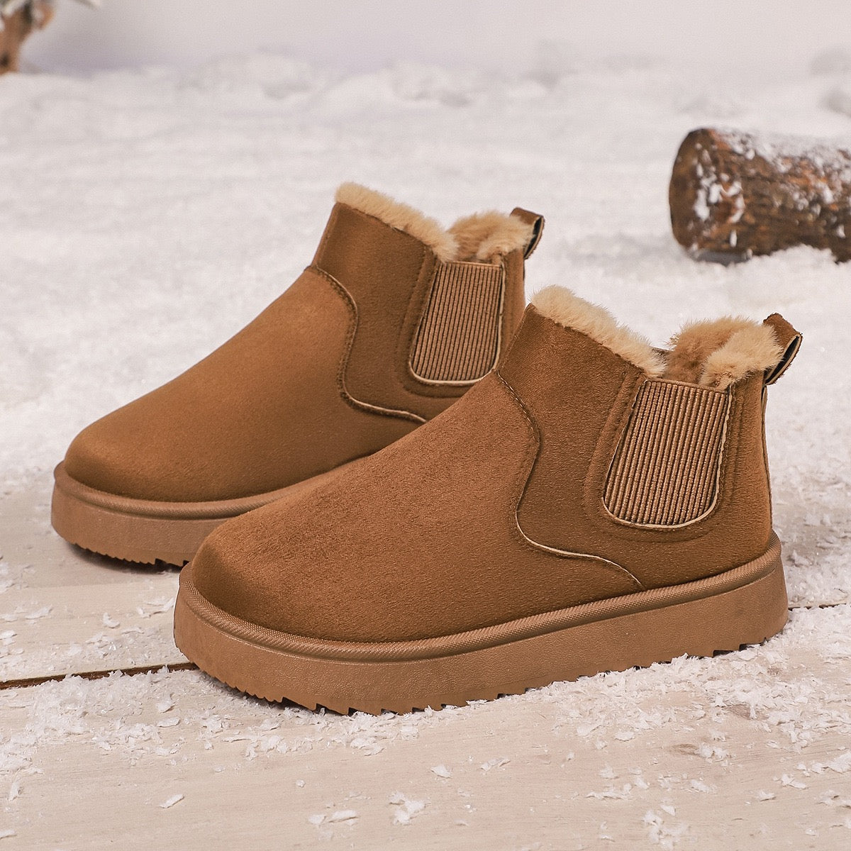 Brown faux-fur-lined elastic-gusset snow ankle boots