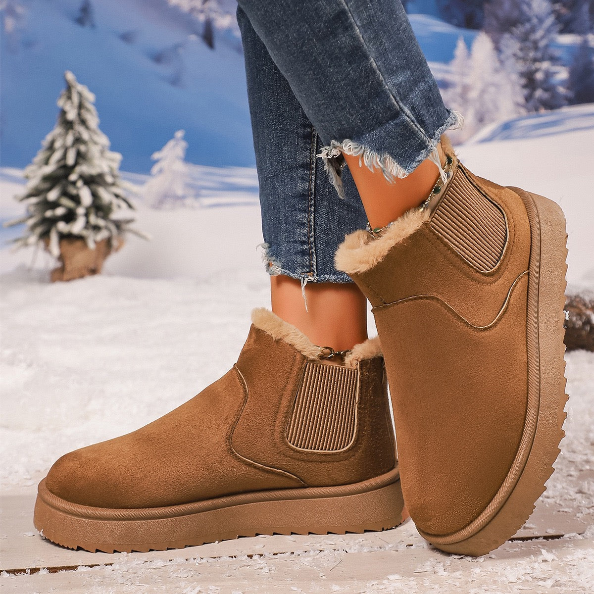 Brown faux-fur-lined elastic-gusset snow ankle boots