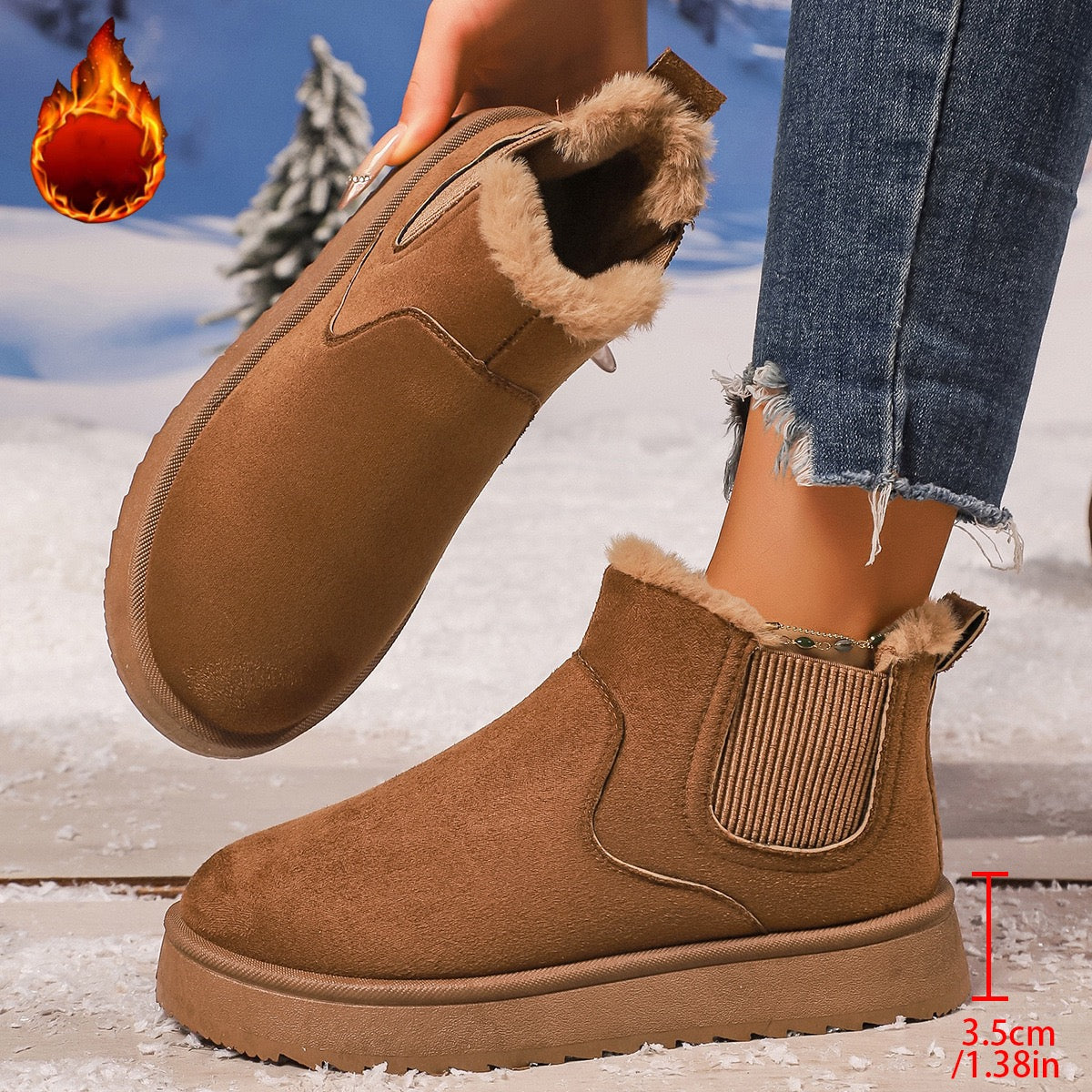 Brown faux-fur-lined elastic-gusset snow ankle boots
