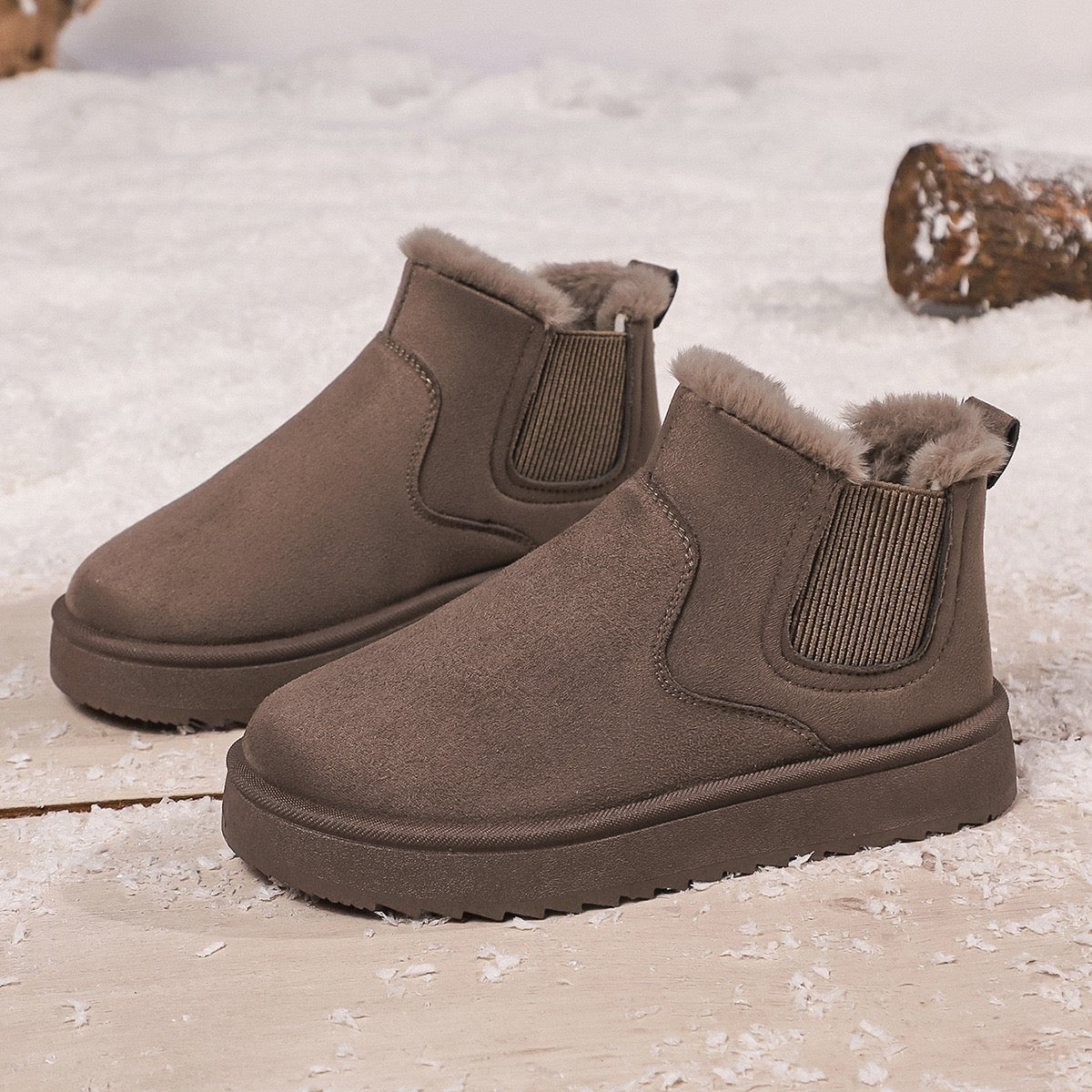 Khaki faux-fur-lined elastic-gusset snow ankle boots