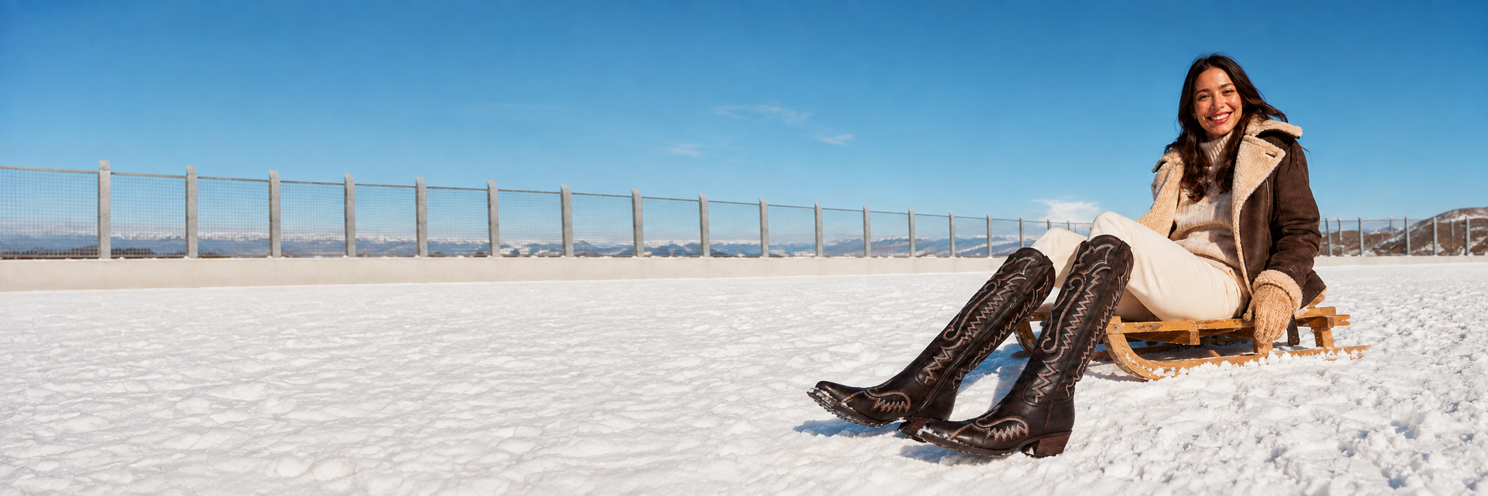 Woman wearing embroidered tall western boots on a sled in the snow