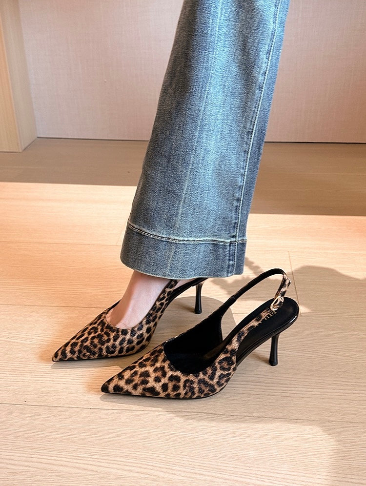 Leona leopard slingback heels side profile on foot