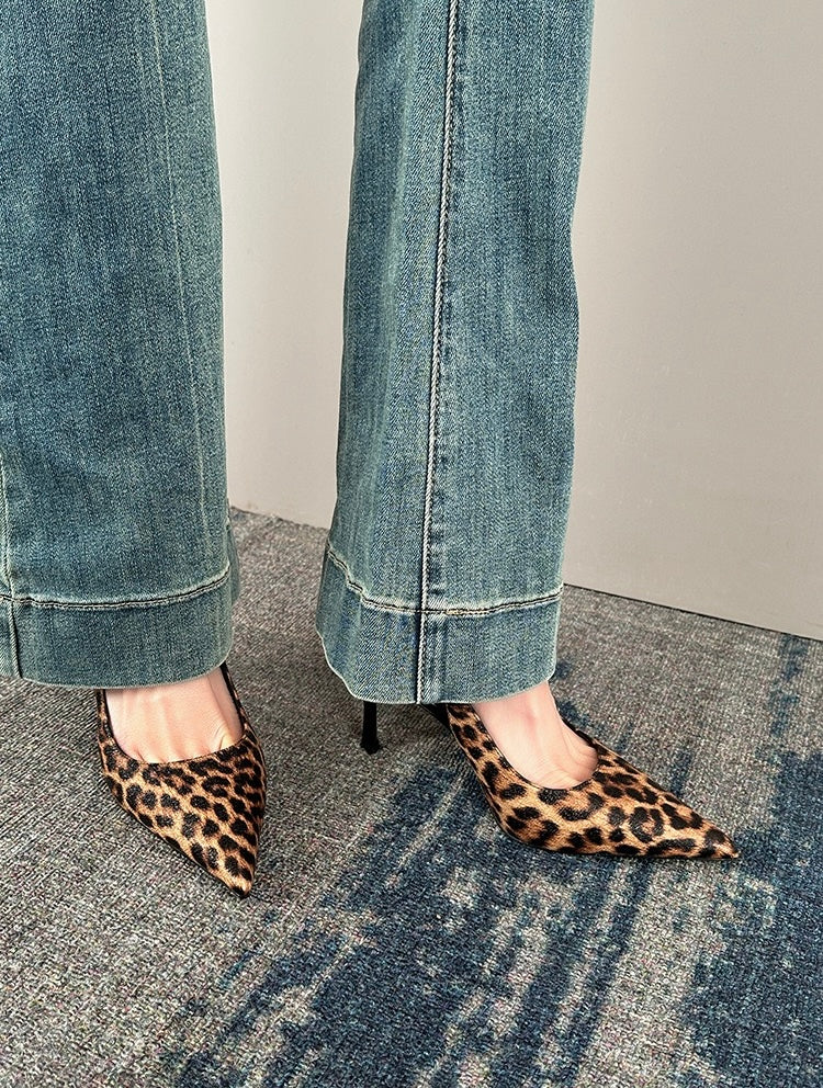 Leona leopard slingback heels front view on foot