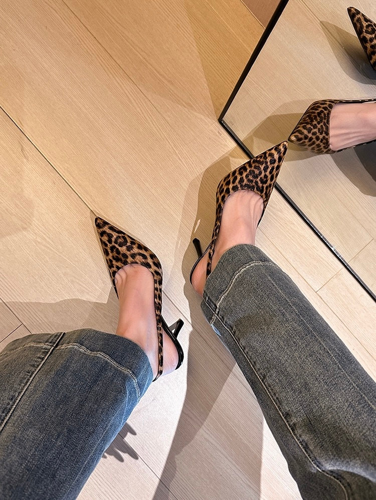Leona leopard slingback heels top view on foot