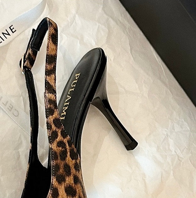 Leona Leopard Slingback Heels, heel and side detail