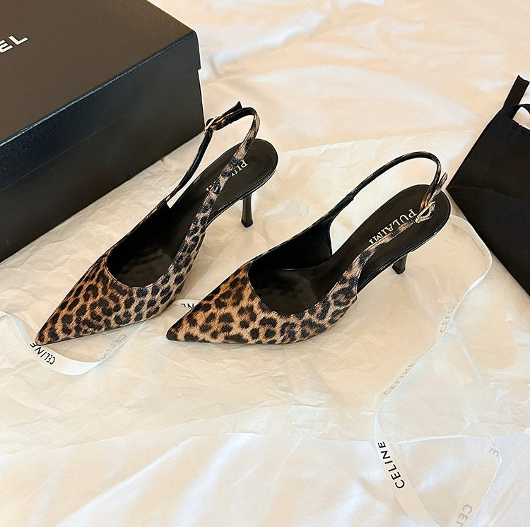 Leona Leopard Slingback Heels, angled pair view