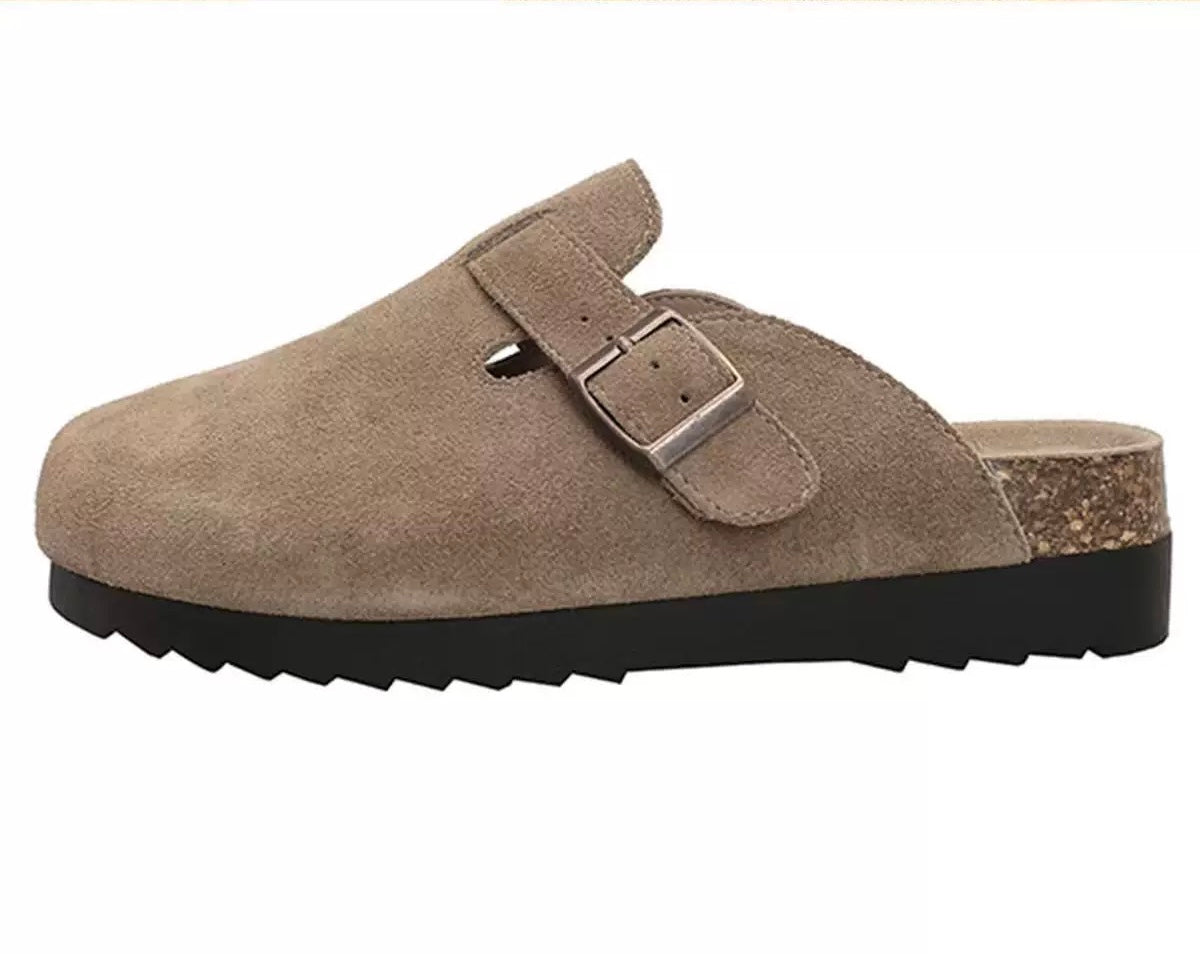 Maren Leather Buckle Mules in Dark Taupe, flat sole on white background
