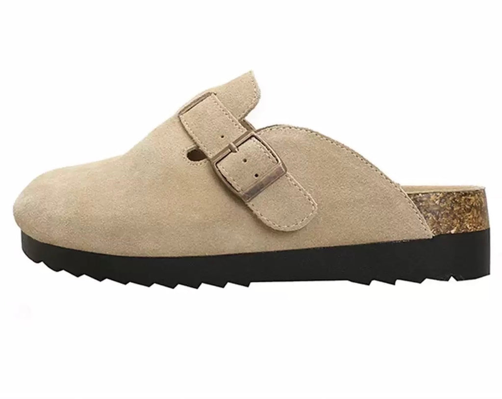 Maren Leather Buckle Mules in Sand, platform sole on white background