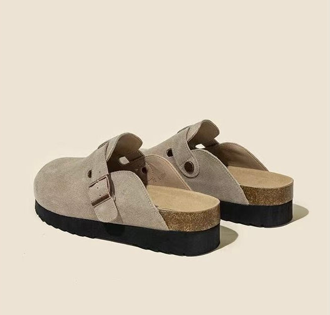 Maren Leather Buckle Mules in Light Taupe, rear angle