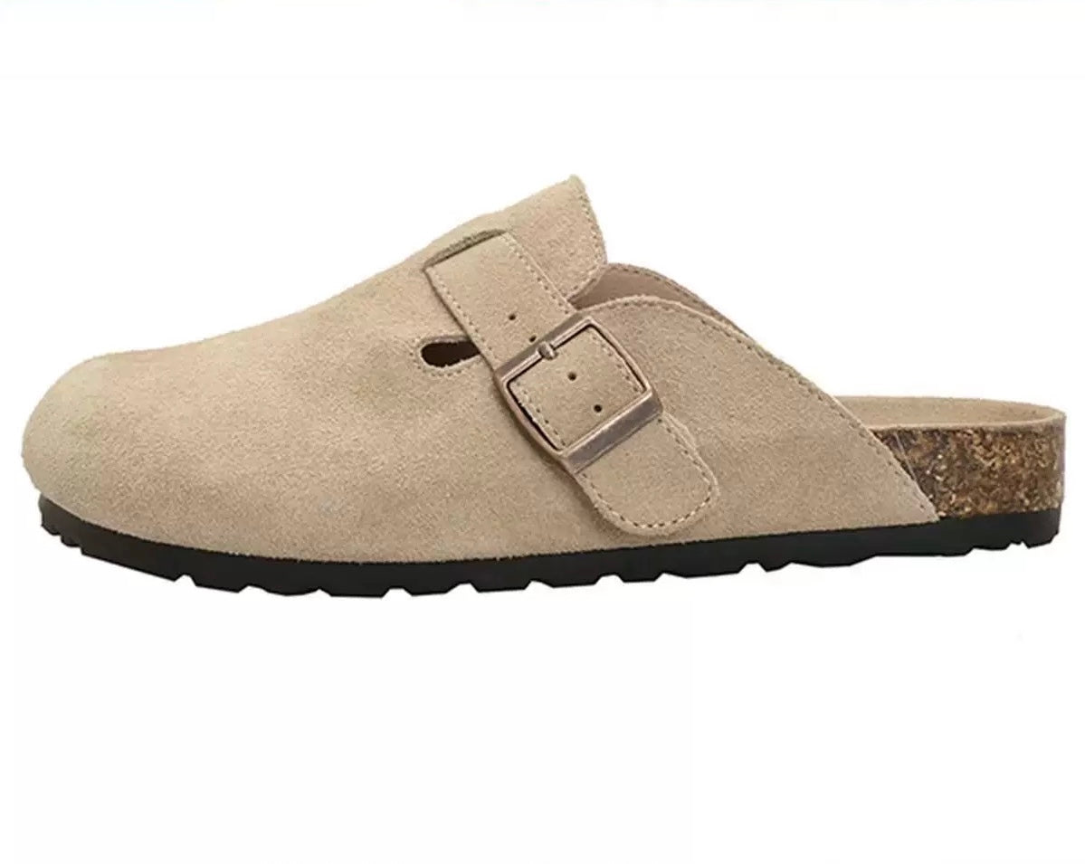 Maren Leather Buckle Mules in Sand, flat sole on white background