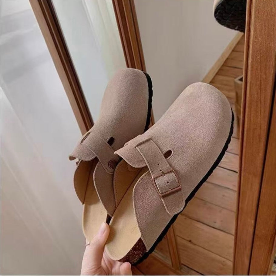 Maren Leather Buckle Mules in Light Taupe, upper and footbed detail