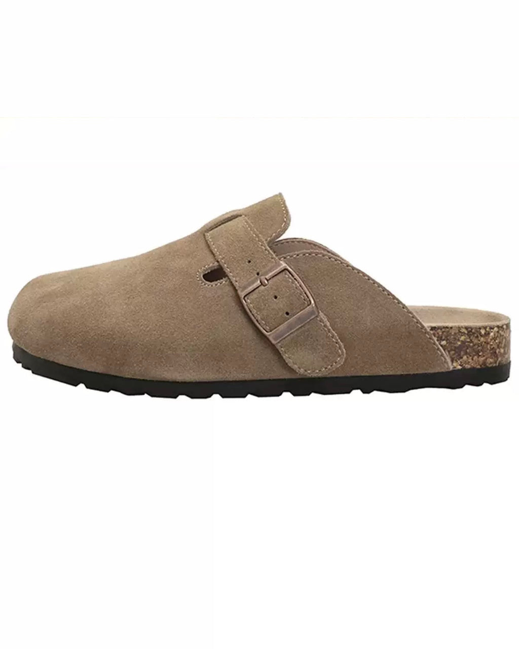 Maren Leather Buckle Mules in Dark Taupe, platform sole on white background