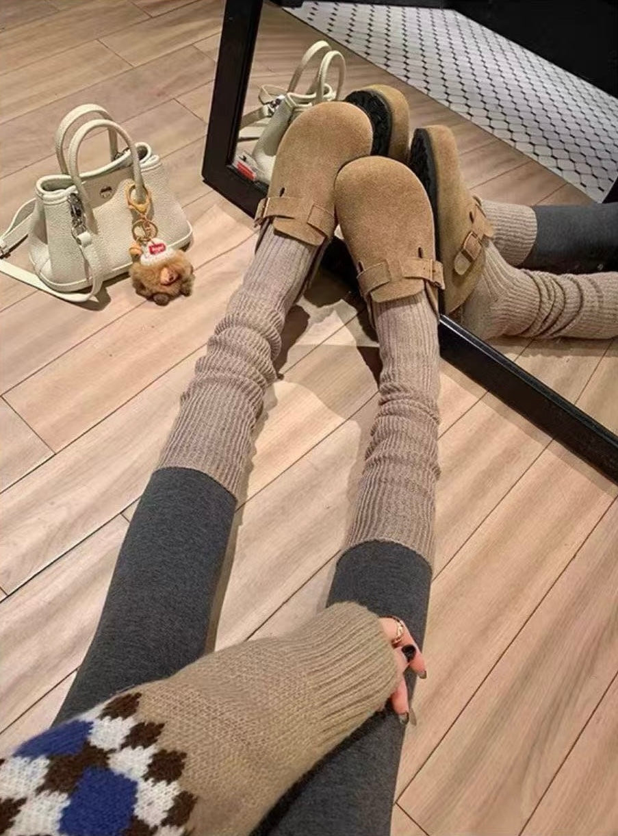 Maren Leather Buckle Mules in Dark Taupe, top view with socks