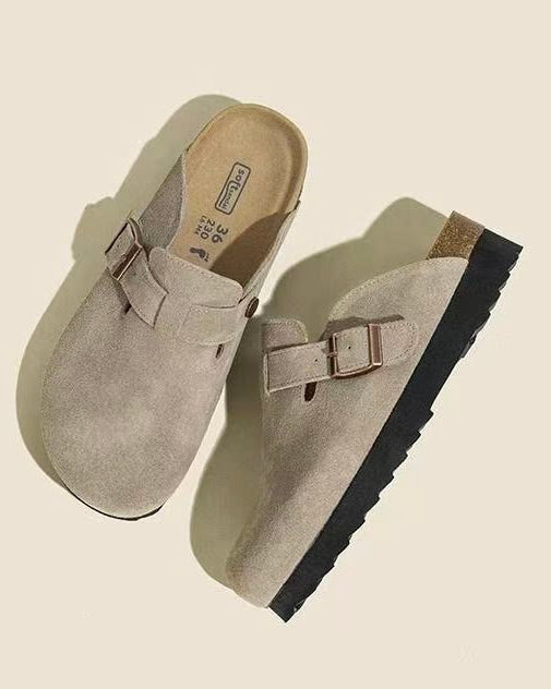Maren Leather Buckle Mules in Light Taupe, angled pair