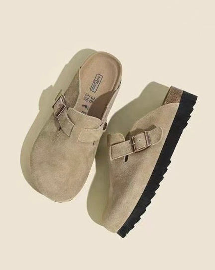 Maren Leather Buckle Mules in Light Taupe, alternate pair angle