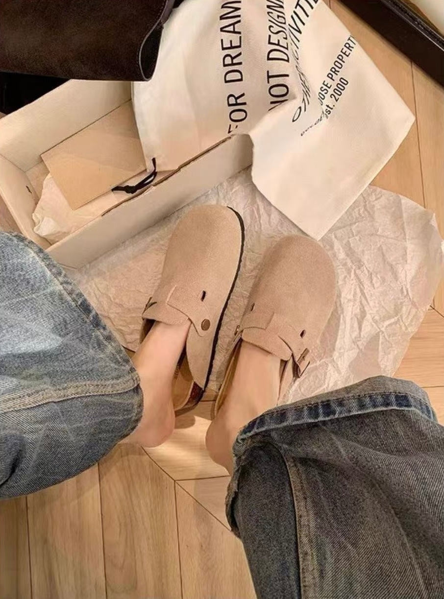 Maren Leather Buckle Mules in Light Taupe, on-foot pair with denim
