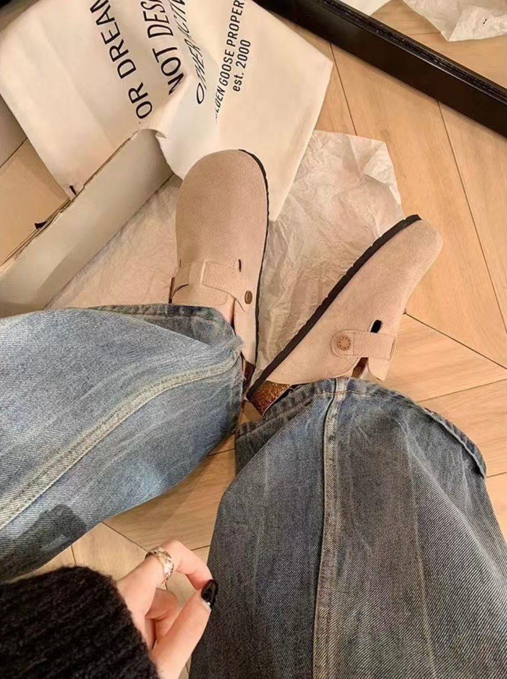 Maren Leather Buckle Mules in Light Taupe, denim styling top view