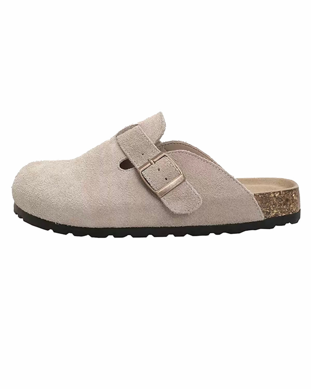 Maren Leather Buckle Mules in Light Taupe, flat sole on white background
