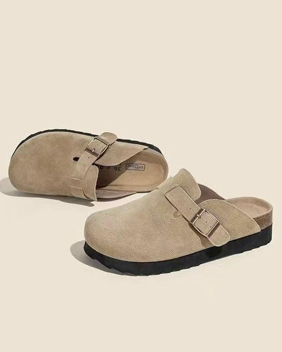 Maren Leather Buckle Mules in Light Taupe, pair view