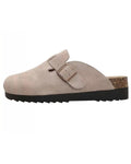 Maren Leather Buckle Mules in Light Taupe, platform sole on white background