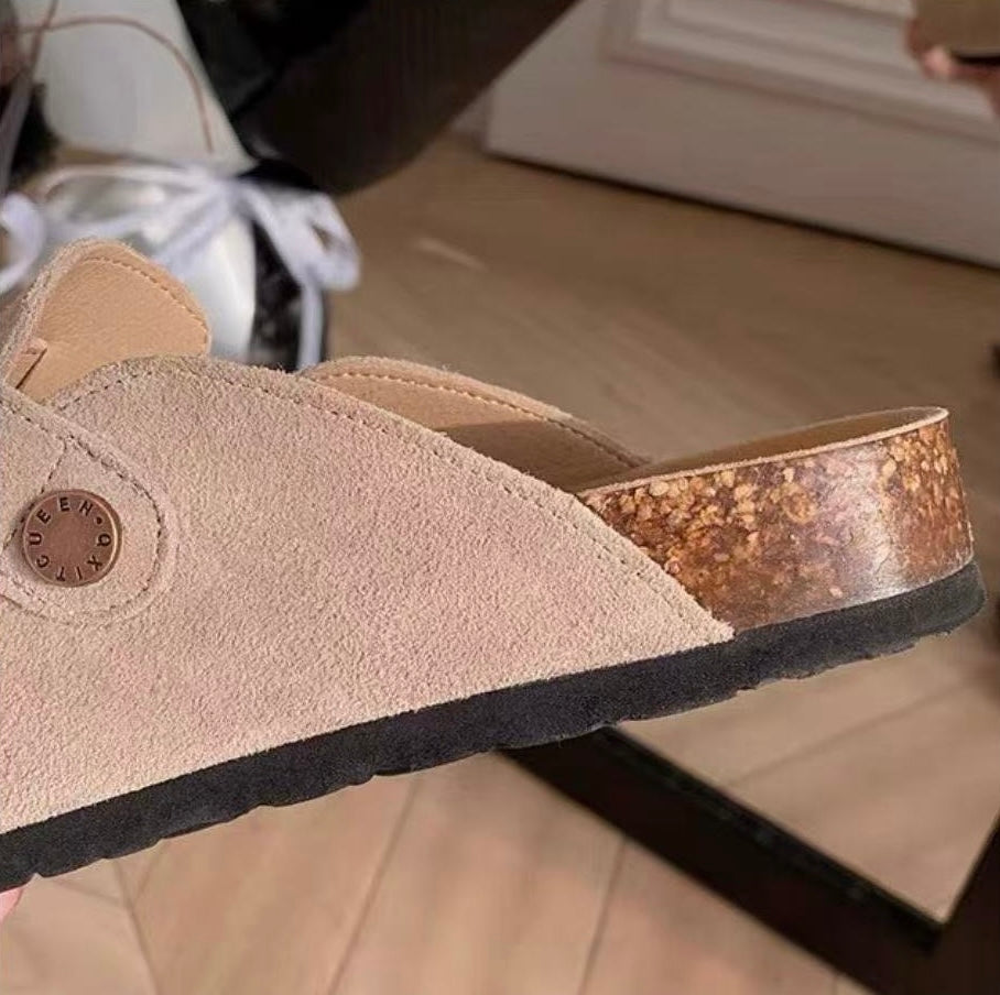 Maren Leather Buckle Mules in Light Taupe, footbed and sole detail