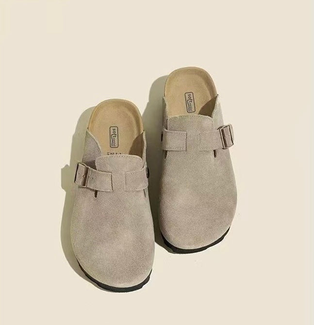 Maren Leather Buckle Mules in Light Taupe, top view