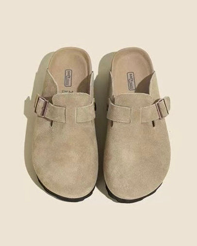 Maren Leather Buckle Mules in Light Taupe, aligned pair
