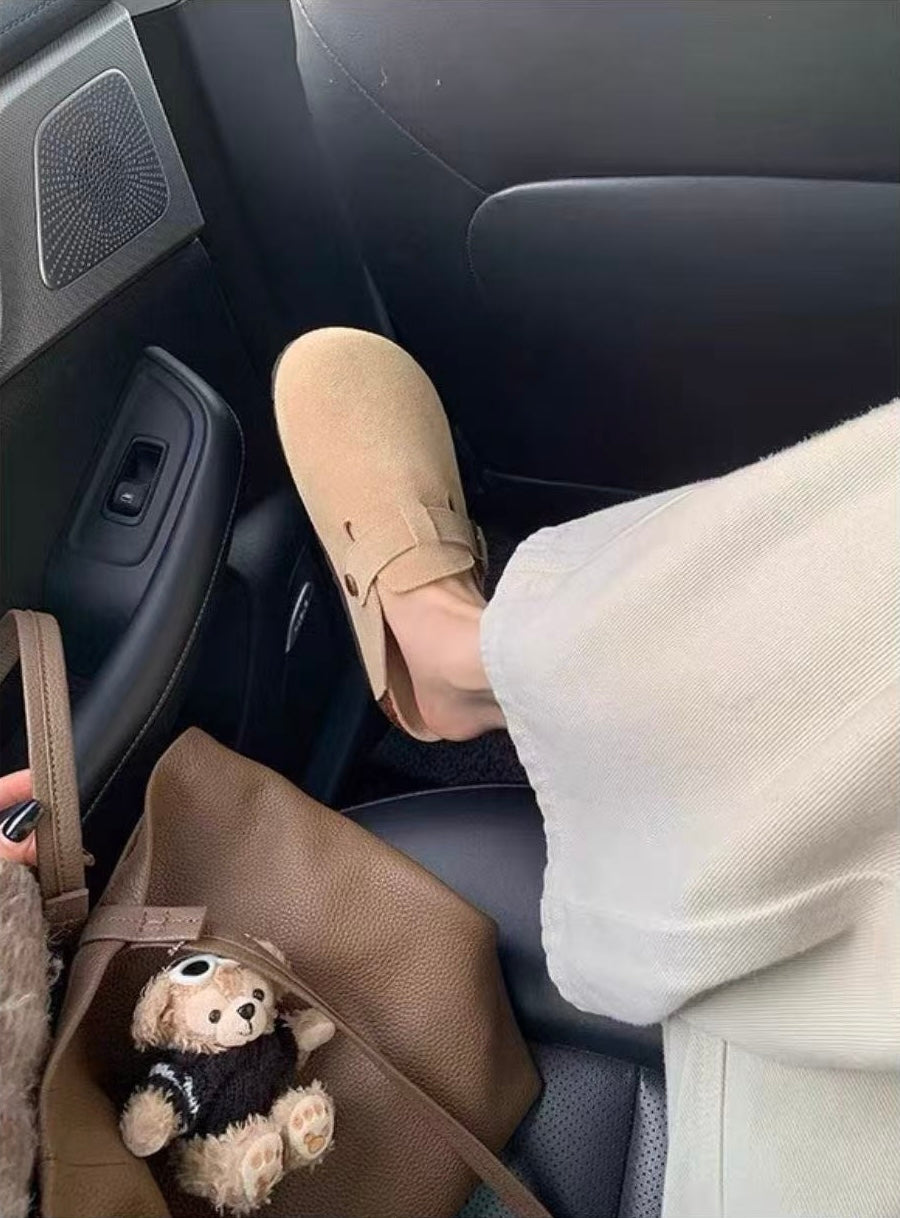 Maren Leather Buckle Mules in Sand, on-foot styling