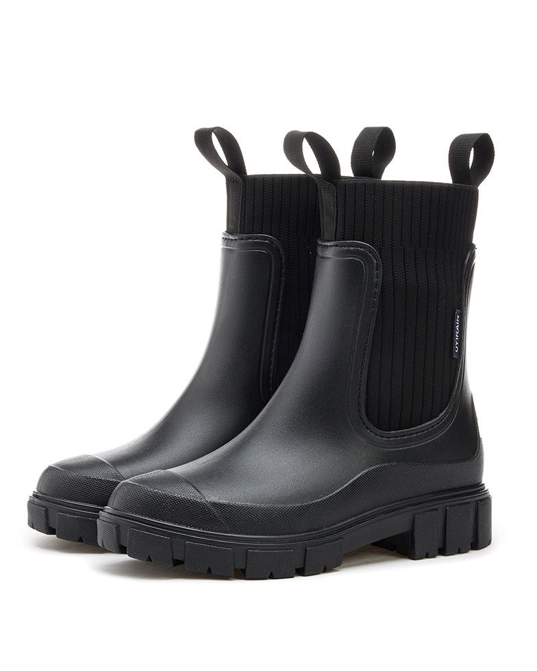 Mira Mid-Calf Rain Boots in Black, white background