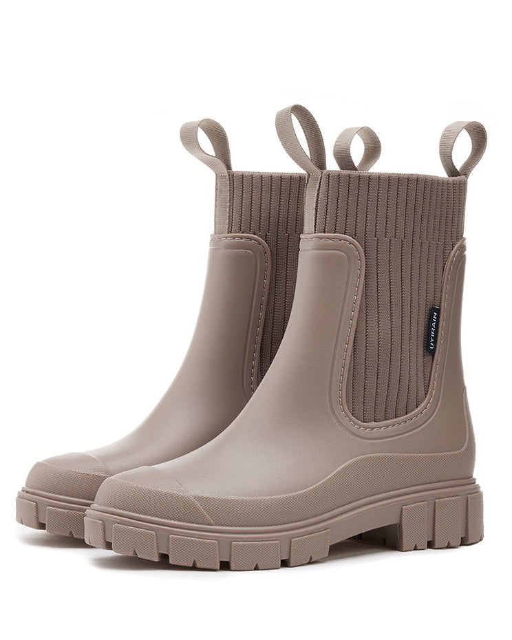 Mira Mid-Calf Rain Boots in Camel, white background