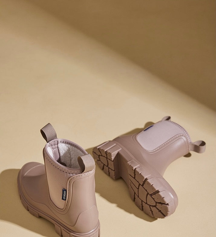 Mira Mid-Calf Rain Boots in Camel, pair and sole view