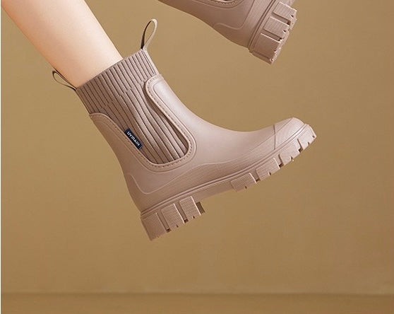 Mira Mid-Calf Rain Boots in Camel, side view on foot