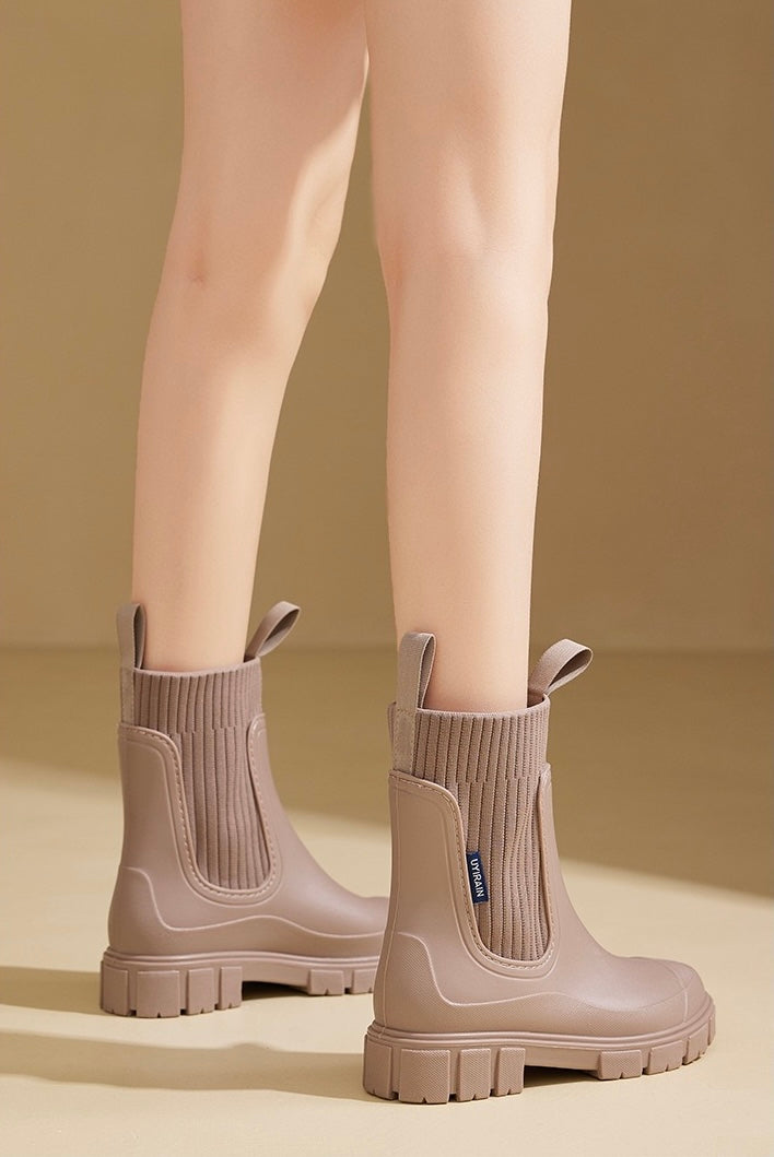 Mira Mid-Calf Rain Boots in Camel, standing styling