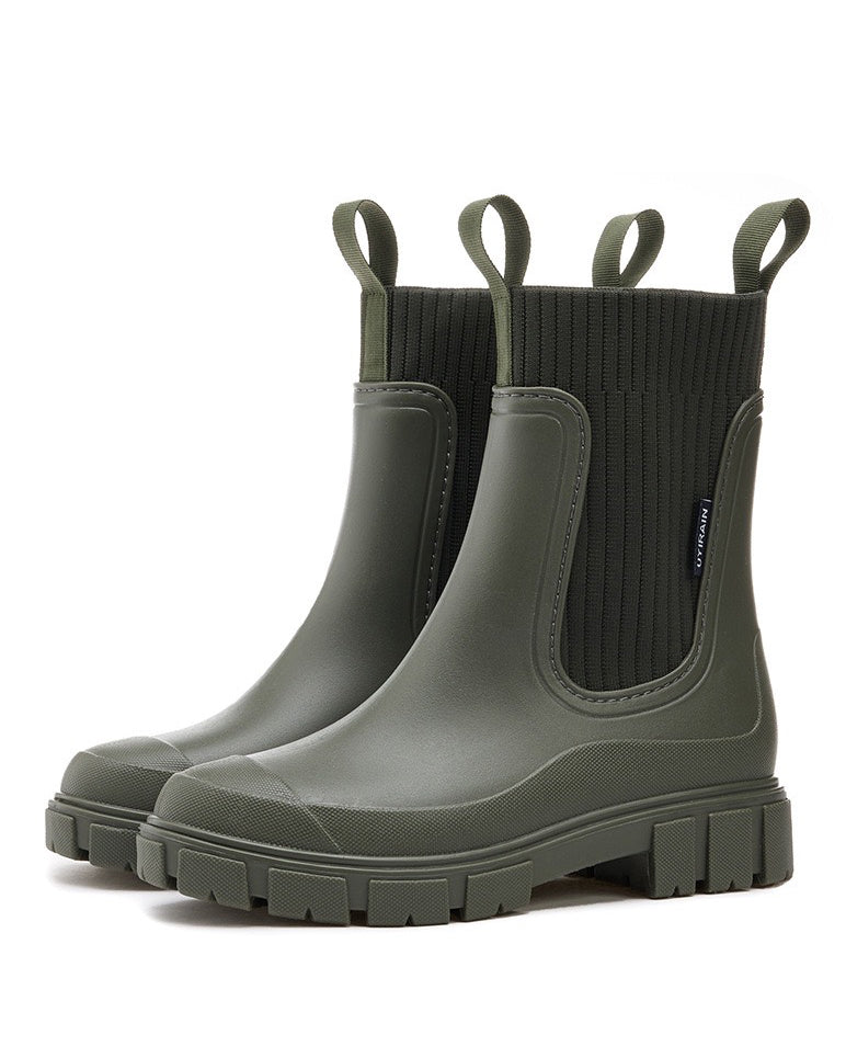 Mira Mid-Calf Rain Boots in Green, white background
