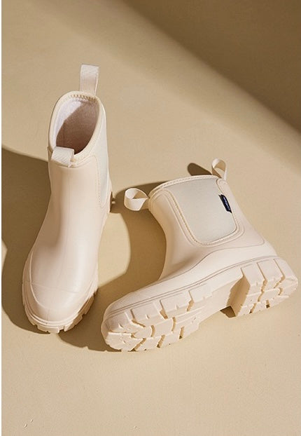Mira Mid-Calf Rain Boots in Ivory, pair and sole view