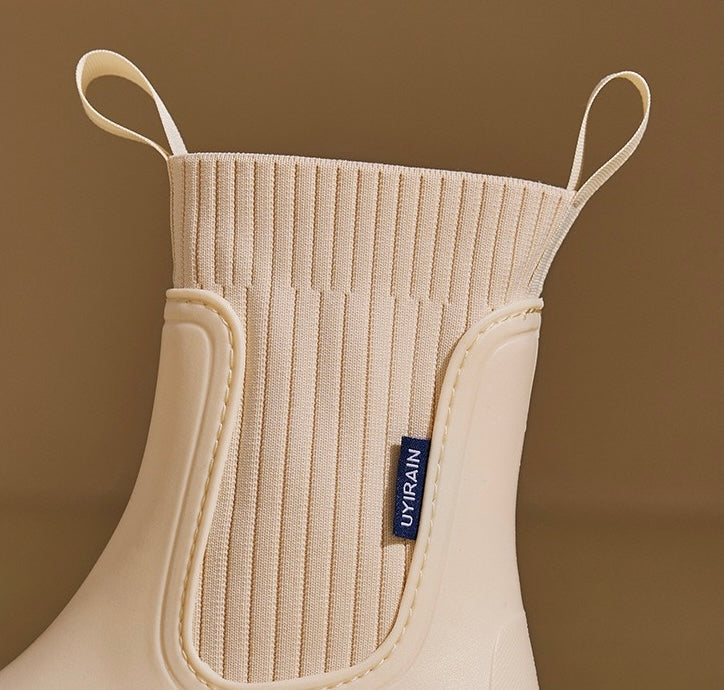 Mira Mid-Calf Rain Boots in Ivory, elastic panel and pull loops
