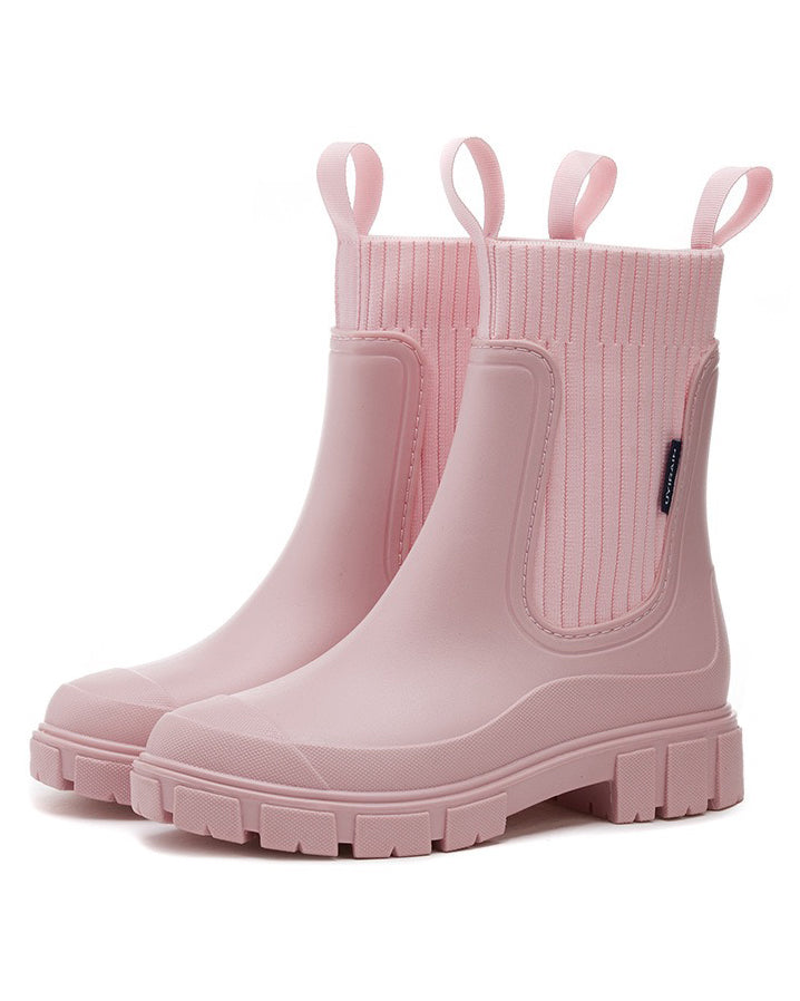 Mira Mid-Calf Rain Boots in Pink, white background