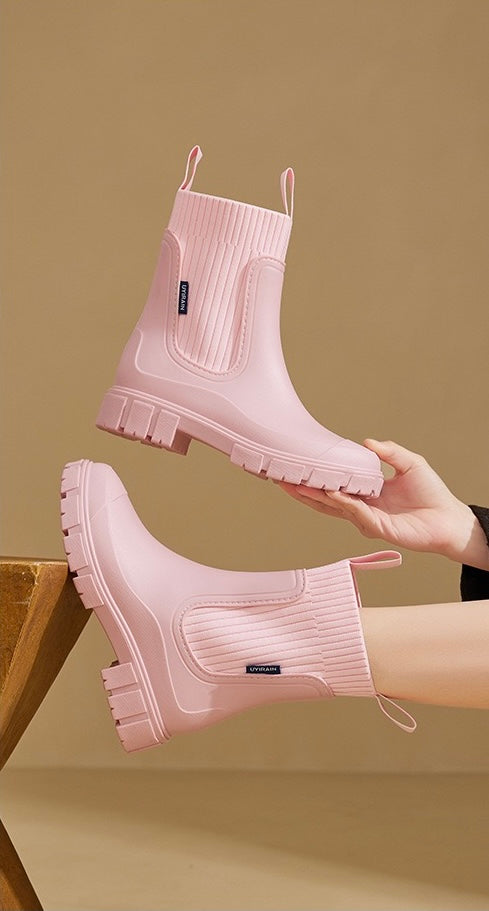 Mira Mid-Calf Rain Boots in Pink, side profile